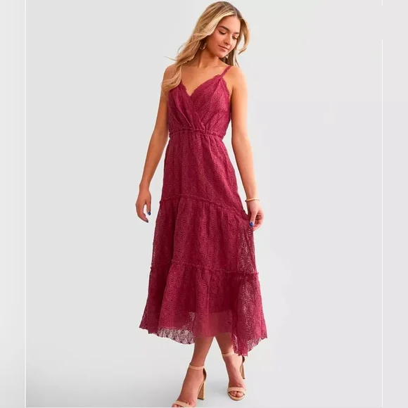 Willow & Root Earth Red Crochet V Neck Adjustible Strap Tiered Maxi Dress Length - Picture 3 of 15